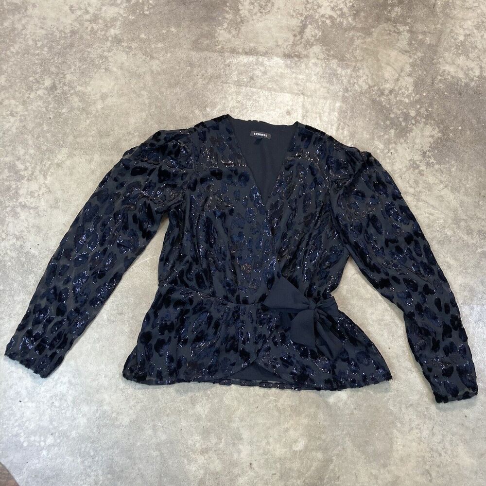 Express‎ Blouse Womens Large Black Burnout Tie Waist Wrap Shirt Animal Print